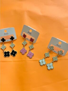 Gold-Tone Triple Clover Drop Earrings — Pink, Black, White